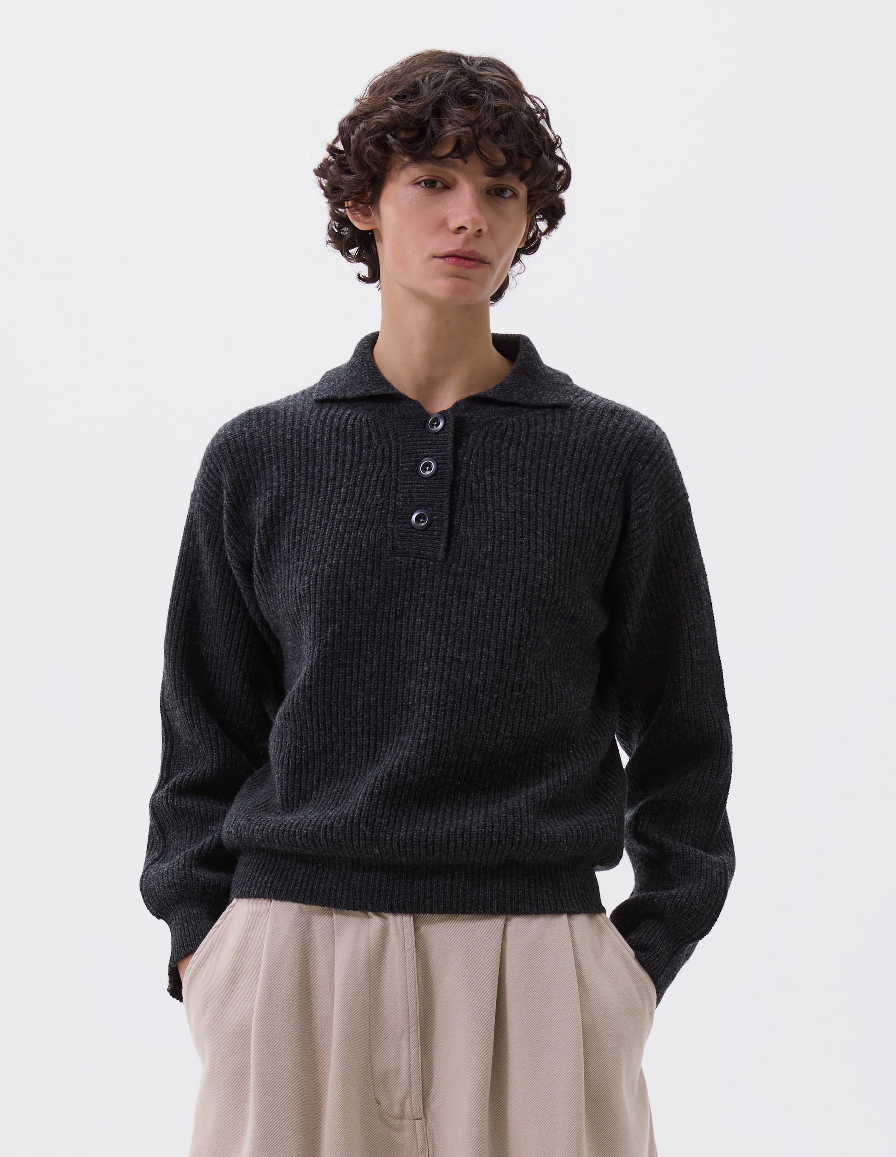 Charcoal lambswool 3 Button Polo | MHL. by Margaret Howell