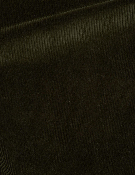 Dark green heavy corduroy trousers, fabric swatch.
