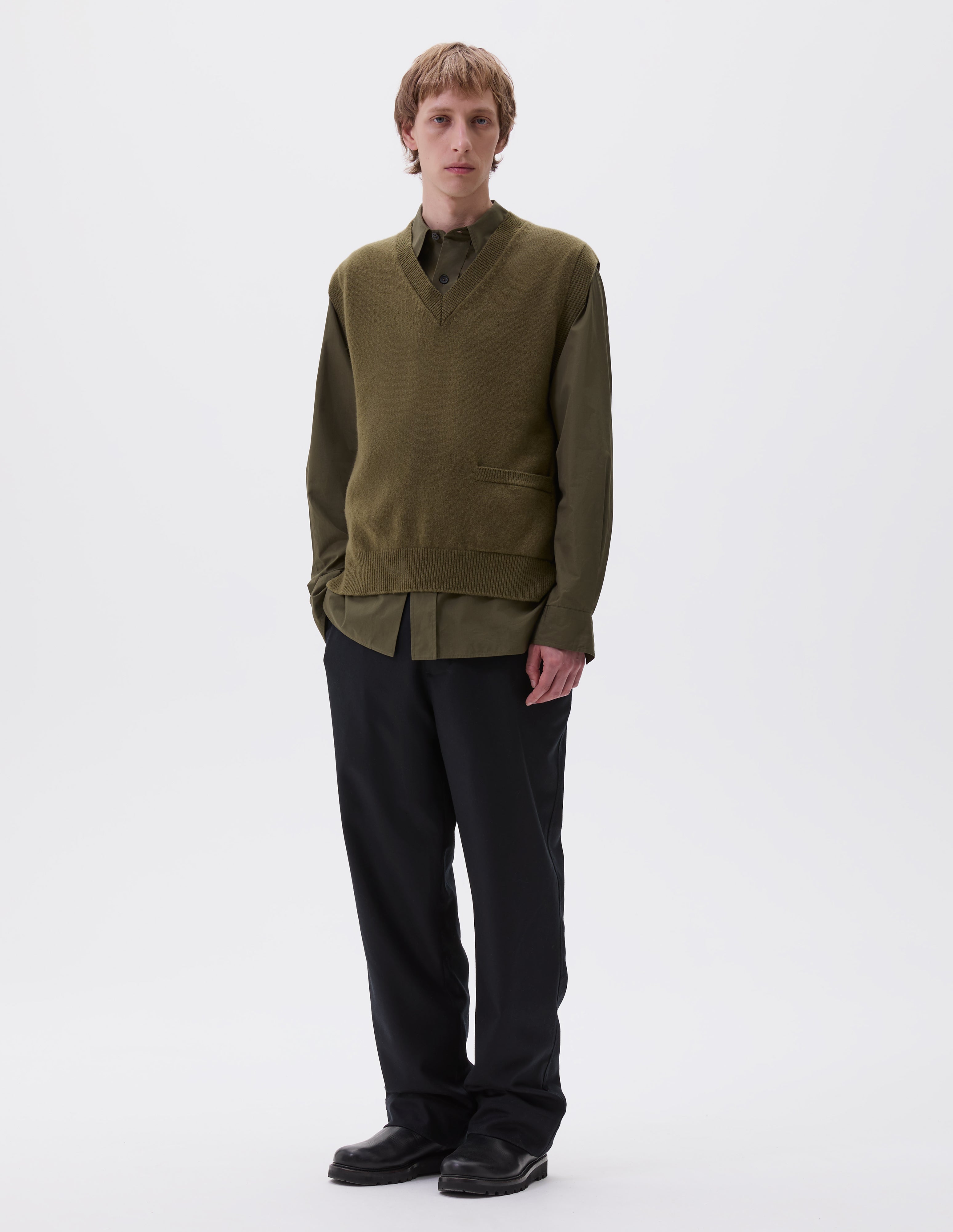 Olive green geelong Single Pocket Slipover | Margaret Howell