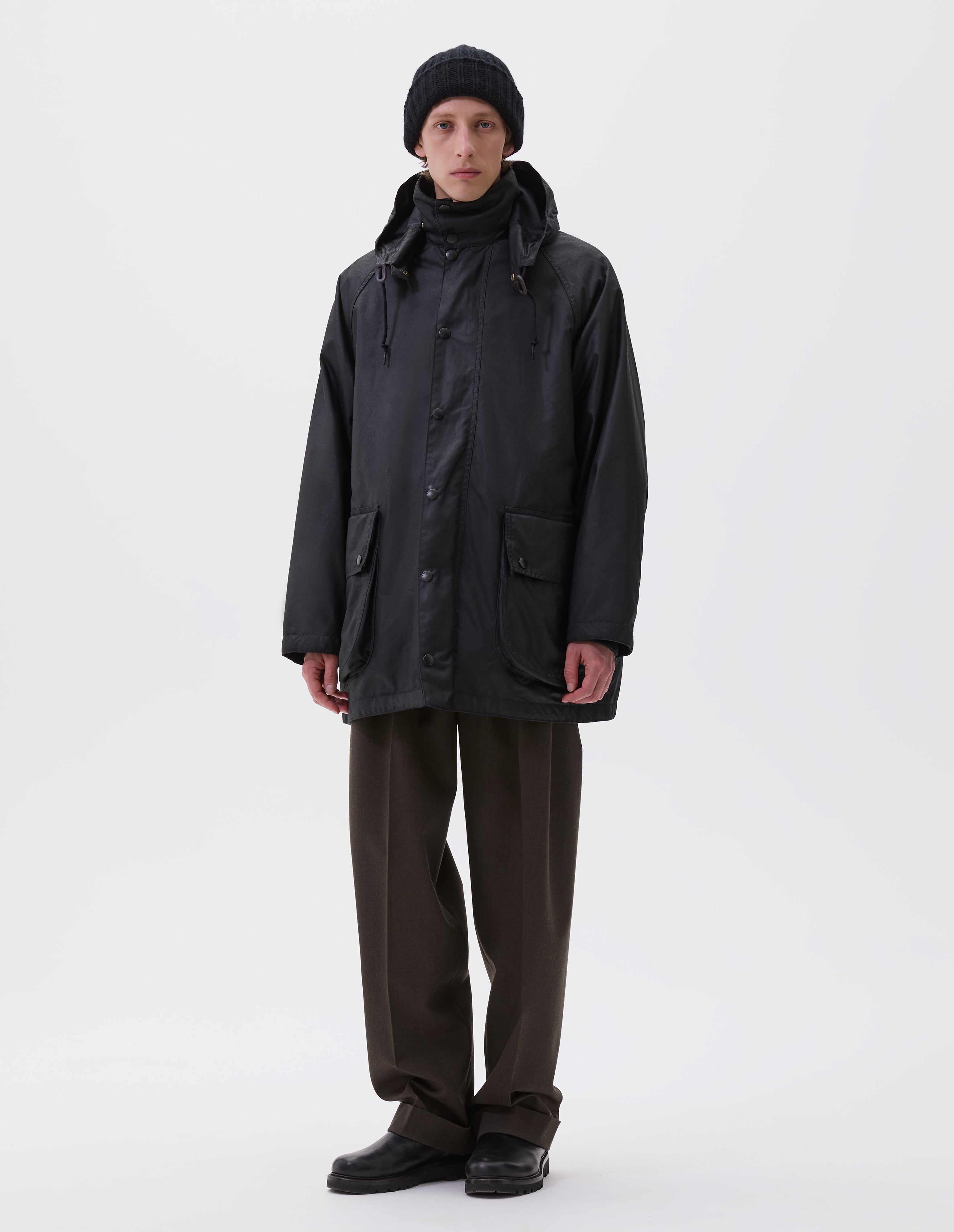 Black waxed cotton Stand Collar Parka | Margaret Howell