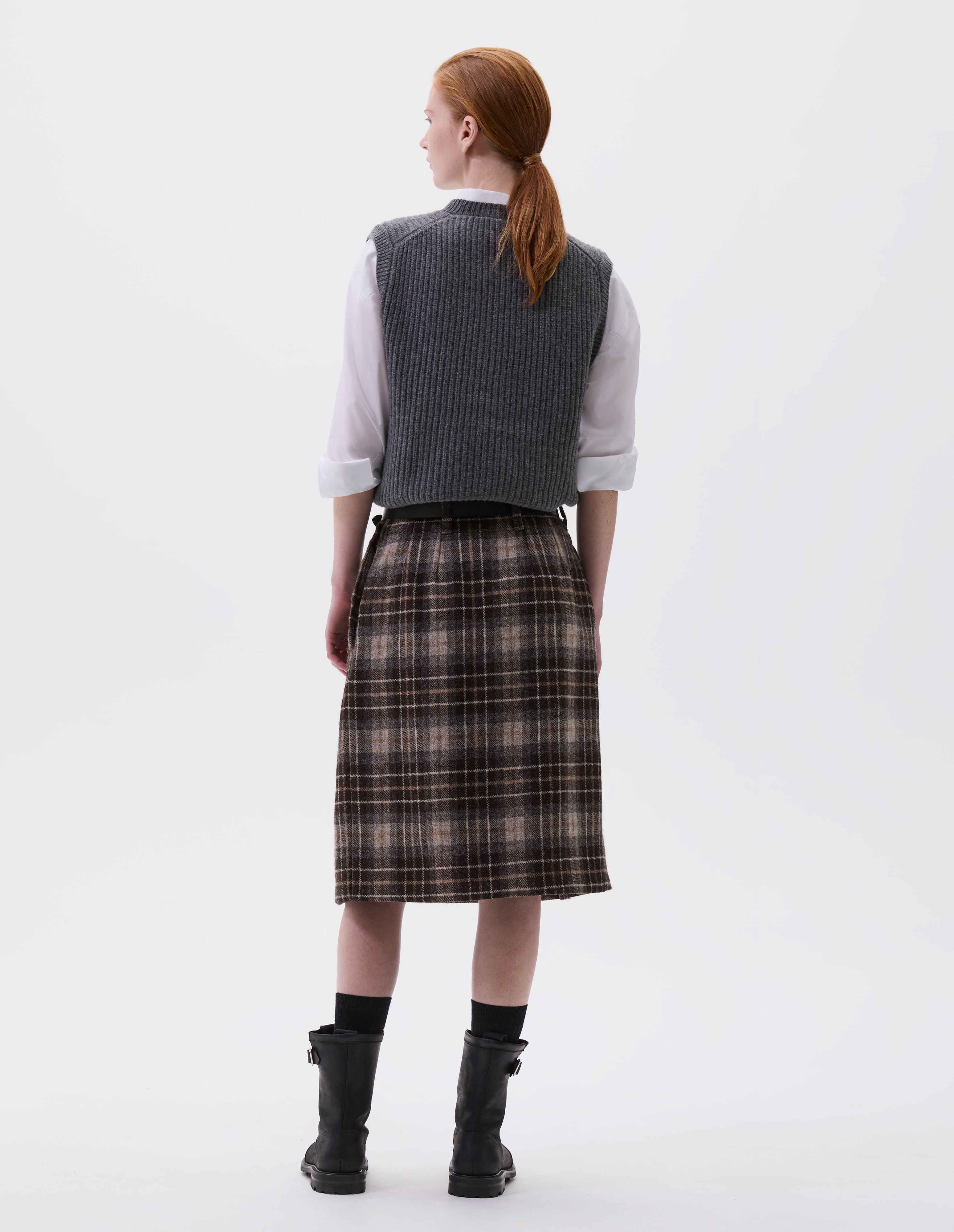 Natural brown graphic wool check Paper Bag Skirt | Margaret Howell