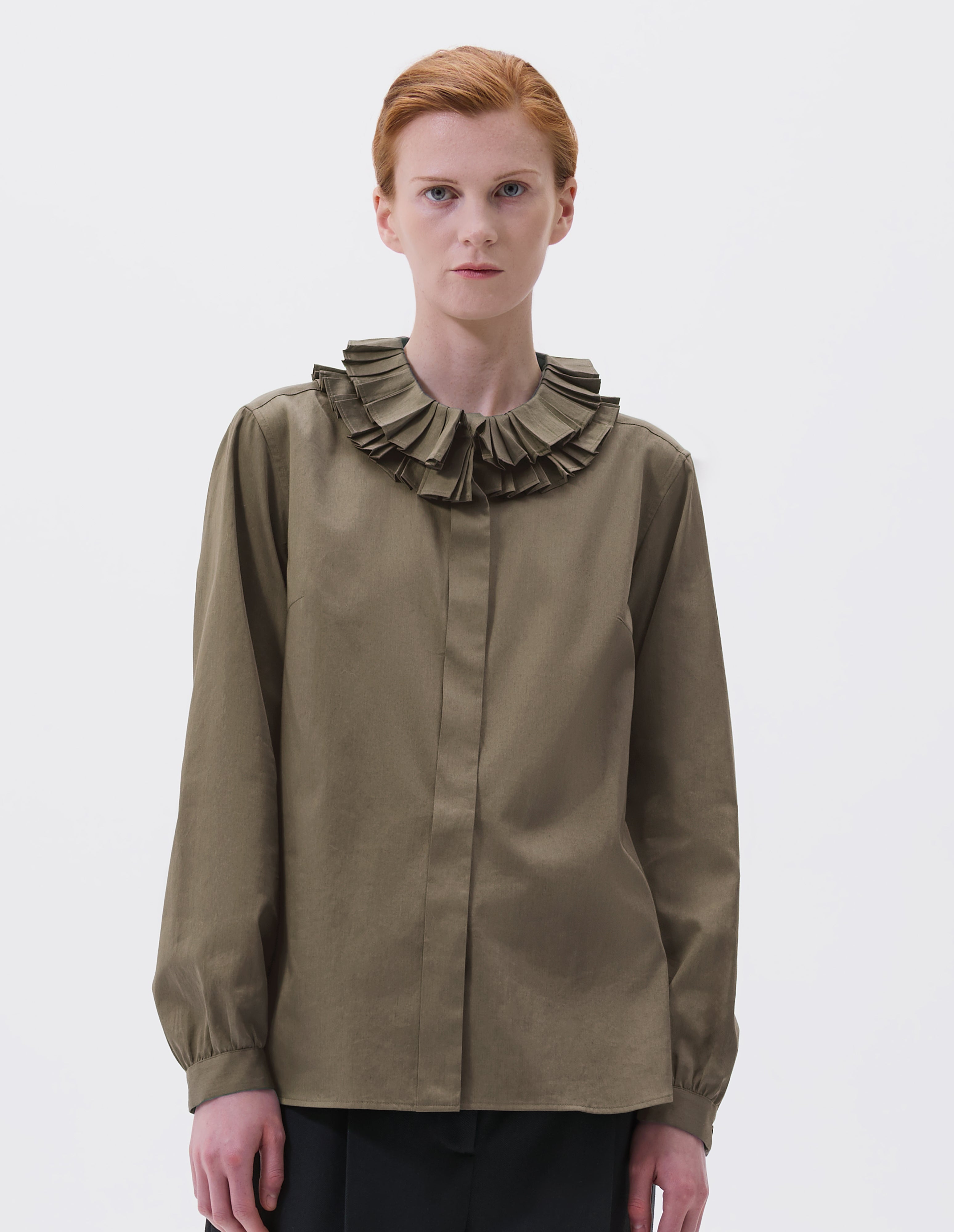 Deep sage sateen cotton Double Ruffle Collar Shirt | Margaret Howell