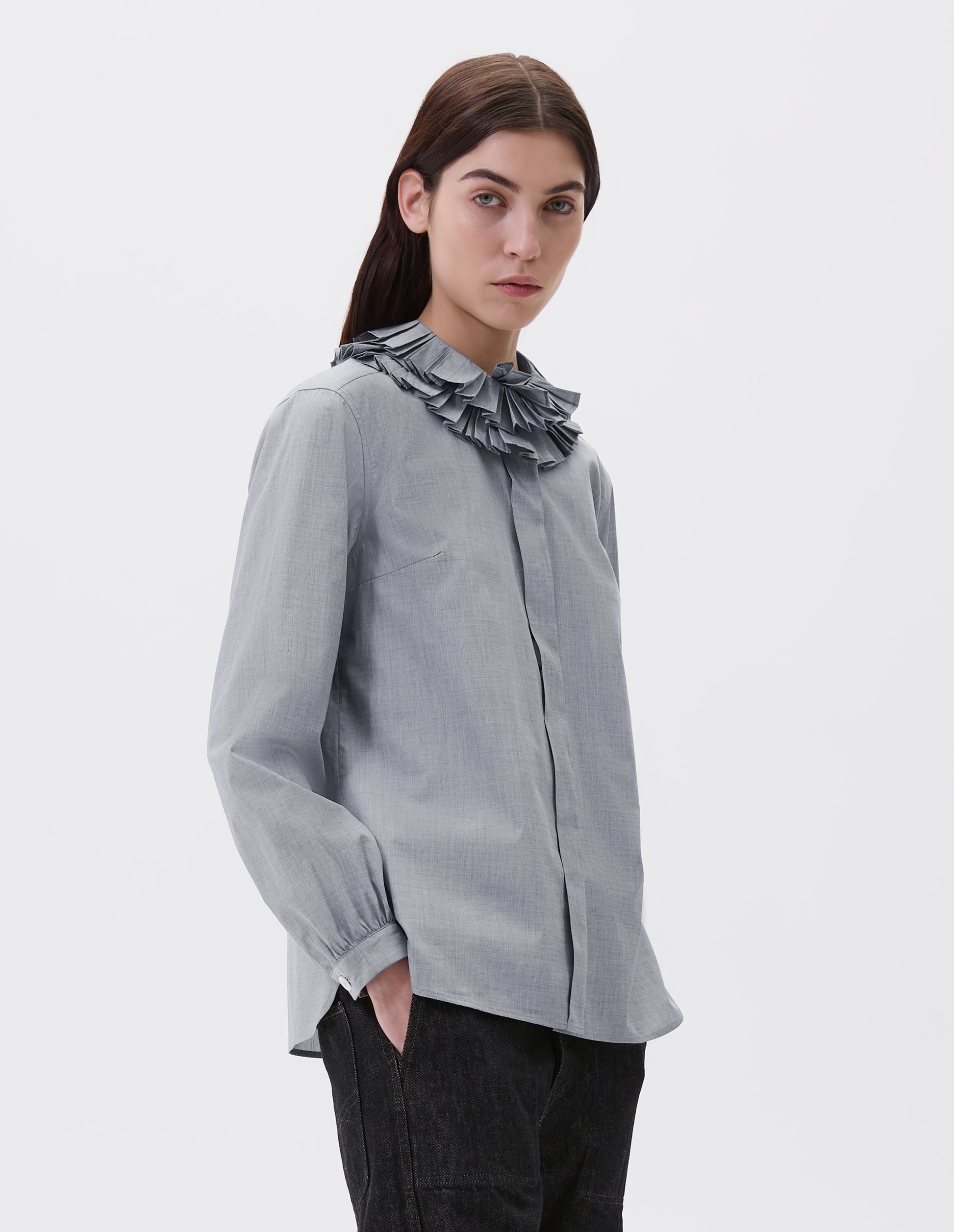 Mid grey cotton chambray Double Ruffle Collar Shirt Margaret Howell