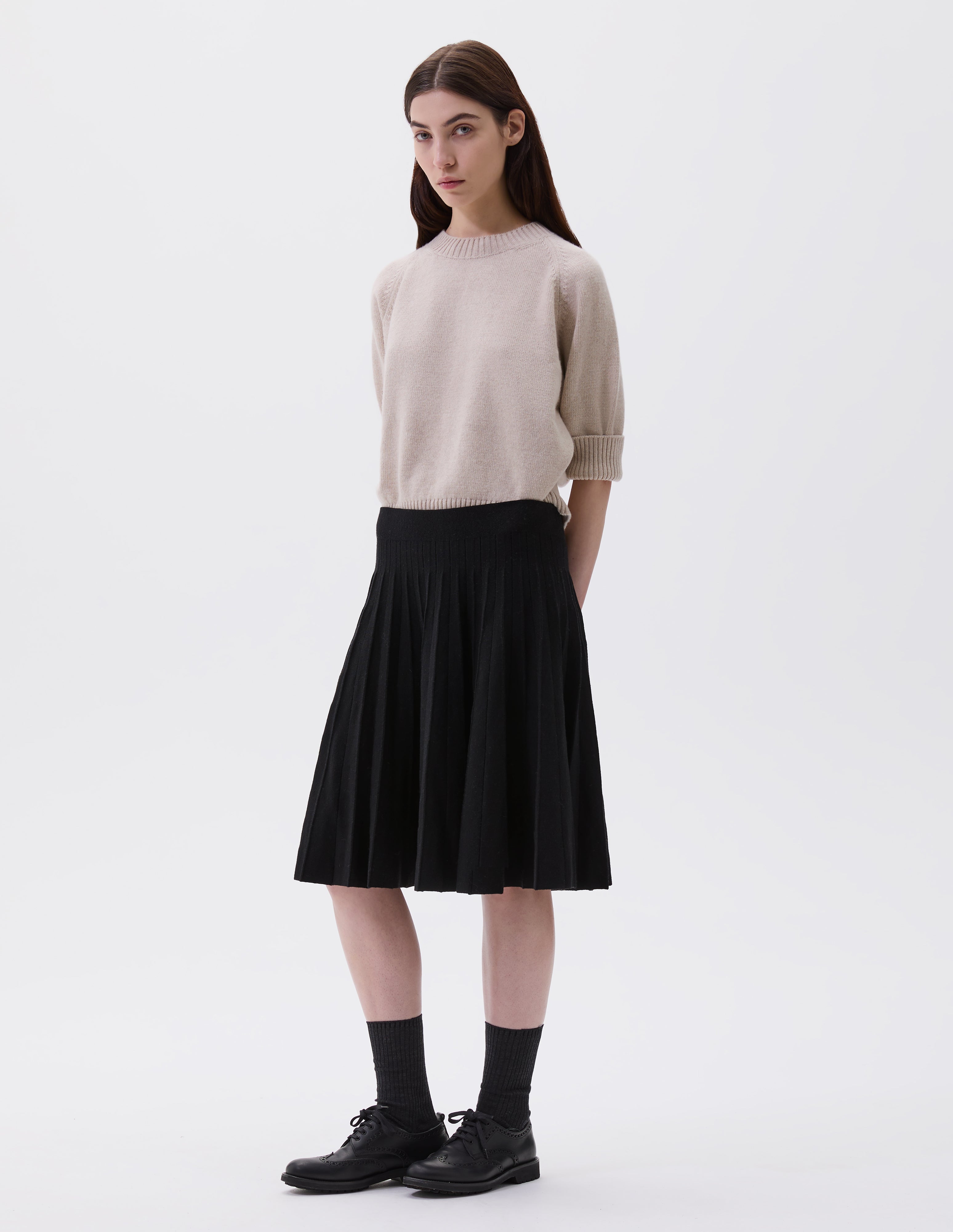 Black fluid wool twill Midi Vent Skirt | Margaret Howell
