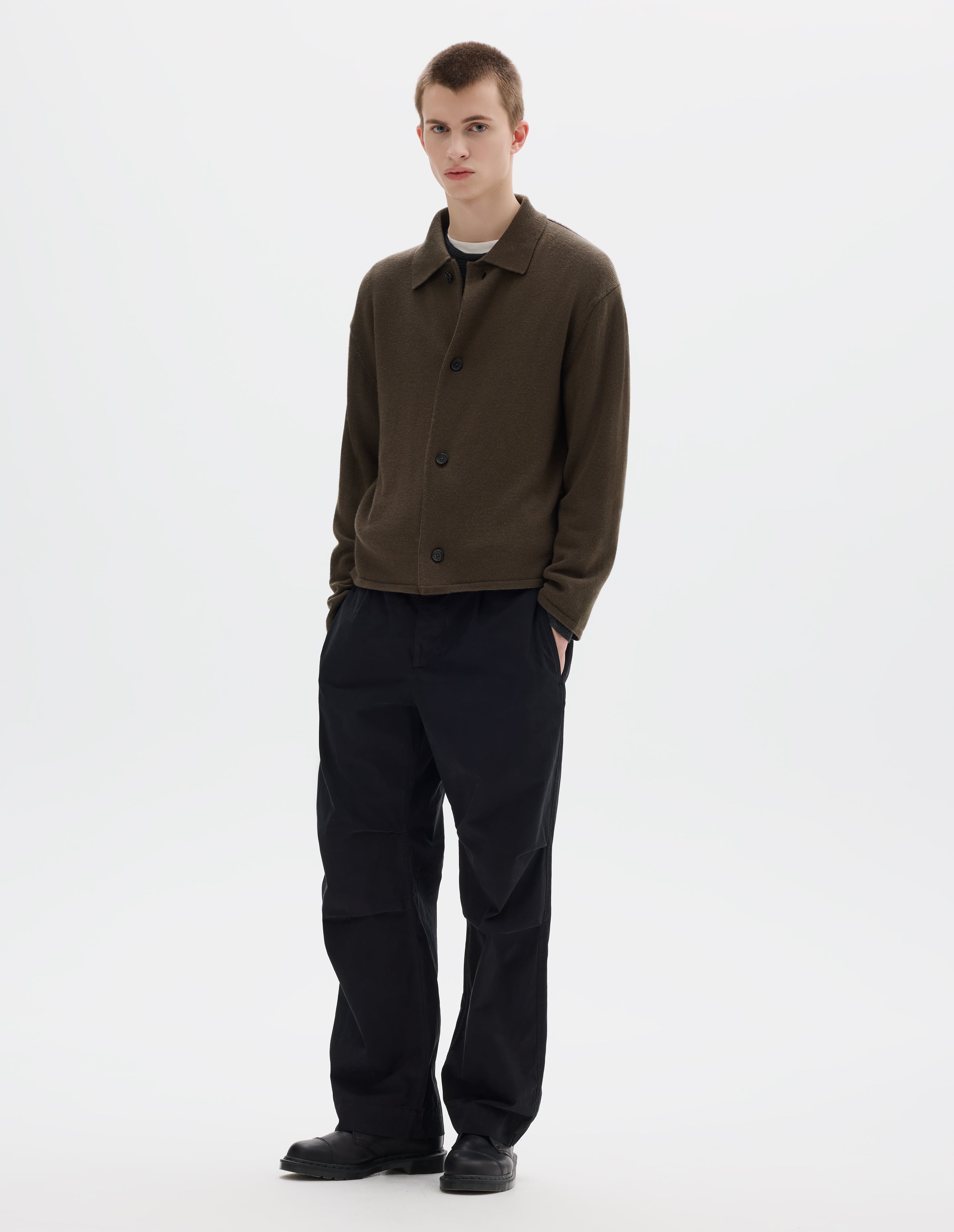 Khaki japanese spun merino Collared Cardigan | Margaret Howell
