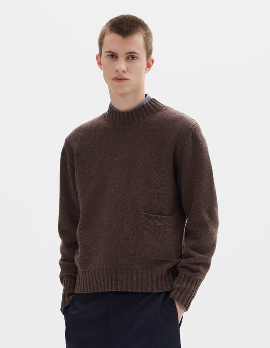 SINGLE POCKET CREW NECK JUMPER | GEELONG LAMBSWOOL | BROWN MELANGE