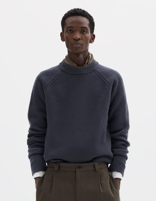 TEXTURED RIB CREW NECK JUMPER | IRREGULAR SPUN WOOL | SLATE