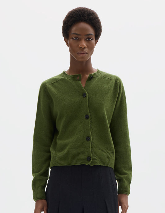 Cropped body image, front view of model wearing green merino cashmere fully fashioned cardigan with horn buttons, and with ribbed crew neck, cuffs and hem. Styled with black skirt.