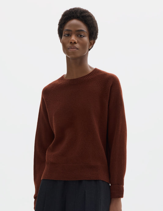 Cropped body image, front view of model wearing brown fully fashioned seamless merino cashmere jumper with crew neck, raglan sleeves, and with ribbed neck, cuffs and hem. Styled with dark grey skirt.