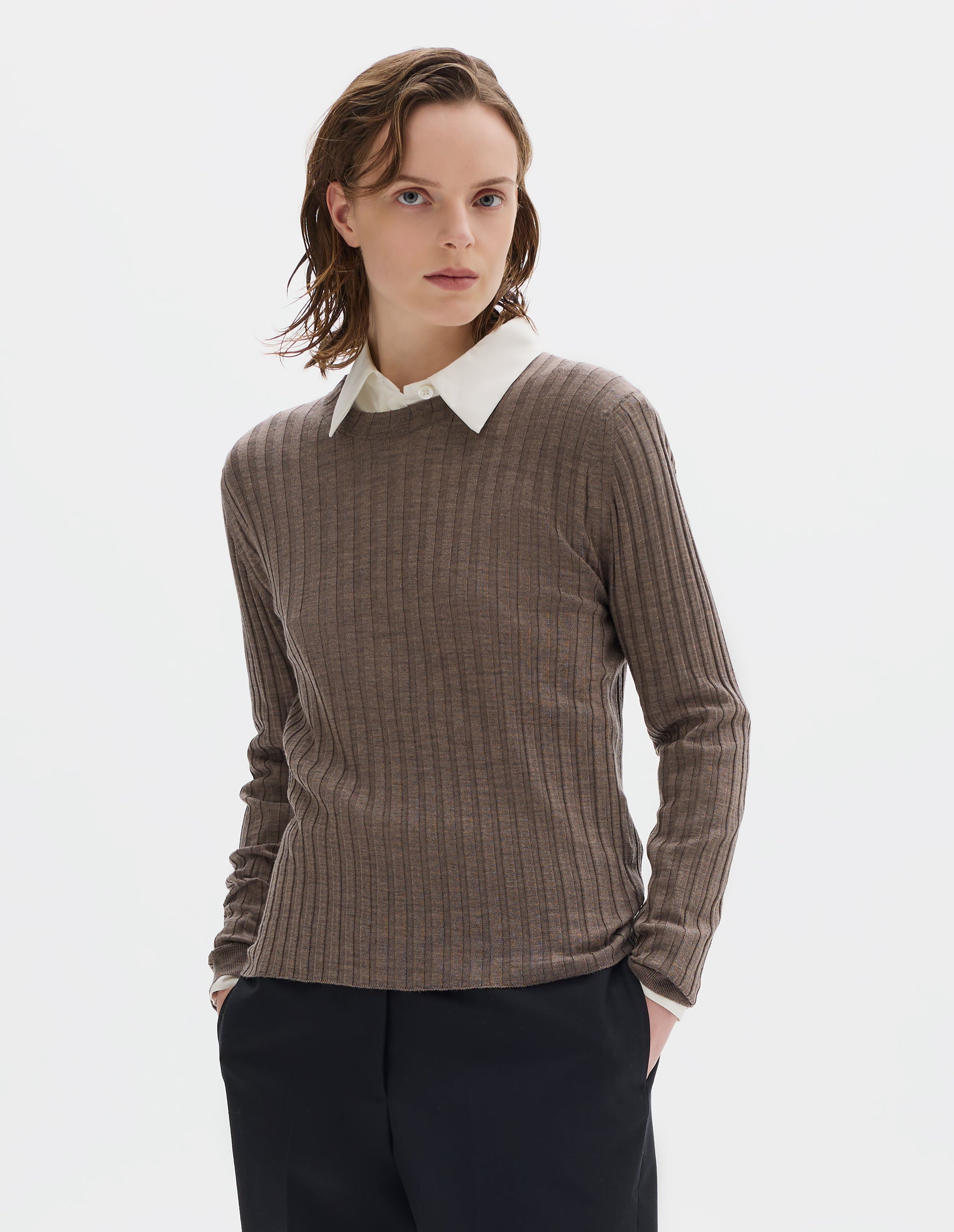 Cropped body image, front view of model wearing neat fitting dark beige merino top with wide rib through body, wide contrast rib on crew neck, and set-in long sleeves with fine rib cuffs. Styled over white shirt and with black trousers.