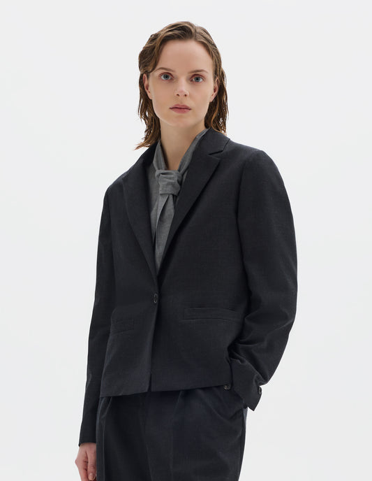Cropped body image, front view of model wearing dark grey wool blazer with single horn button fastening, welt pockets and horn buttons on cuffs. Styled over grey shirt and with matching grey trousers.