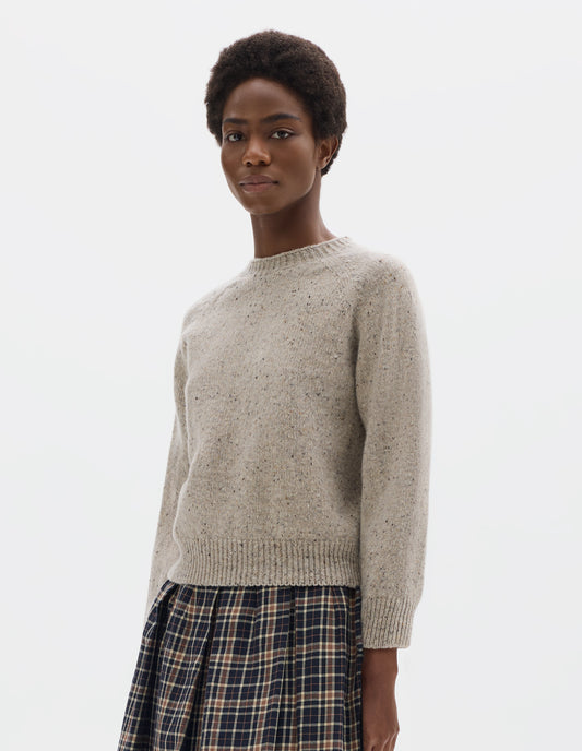 Cropped body image, front view of model wearing waist length light grey crew neck wool jumper with fully fashioned cropped length raglan sleeves, circular knitted body and wide rib detailing at neck, cuffs and hem. Styled with dark blue and beige checked skirt.