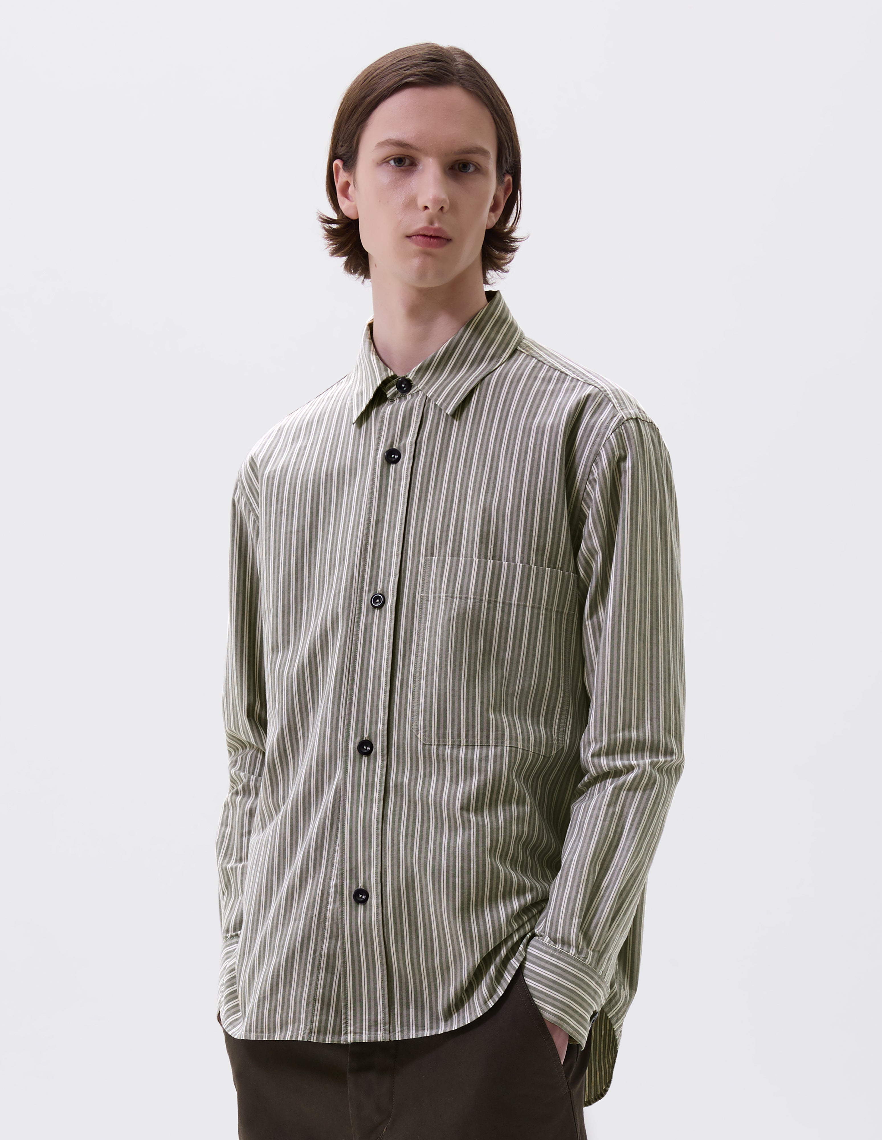 Forest, grey, white cotton stripe Basic Shirt | MHL. by Margaret