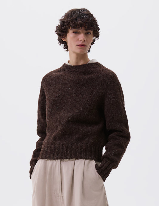 Cropped body image, front view of model wearing dark brown rustic wool jumper with saddle sleeve and contrasting rib on neck, cuffs and hem. Styled with beige skirt.