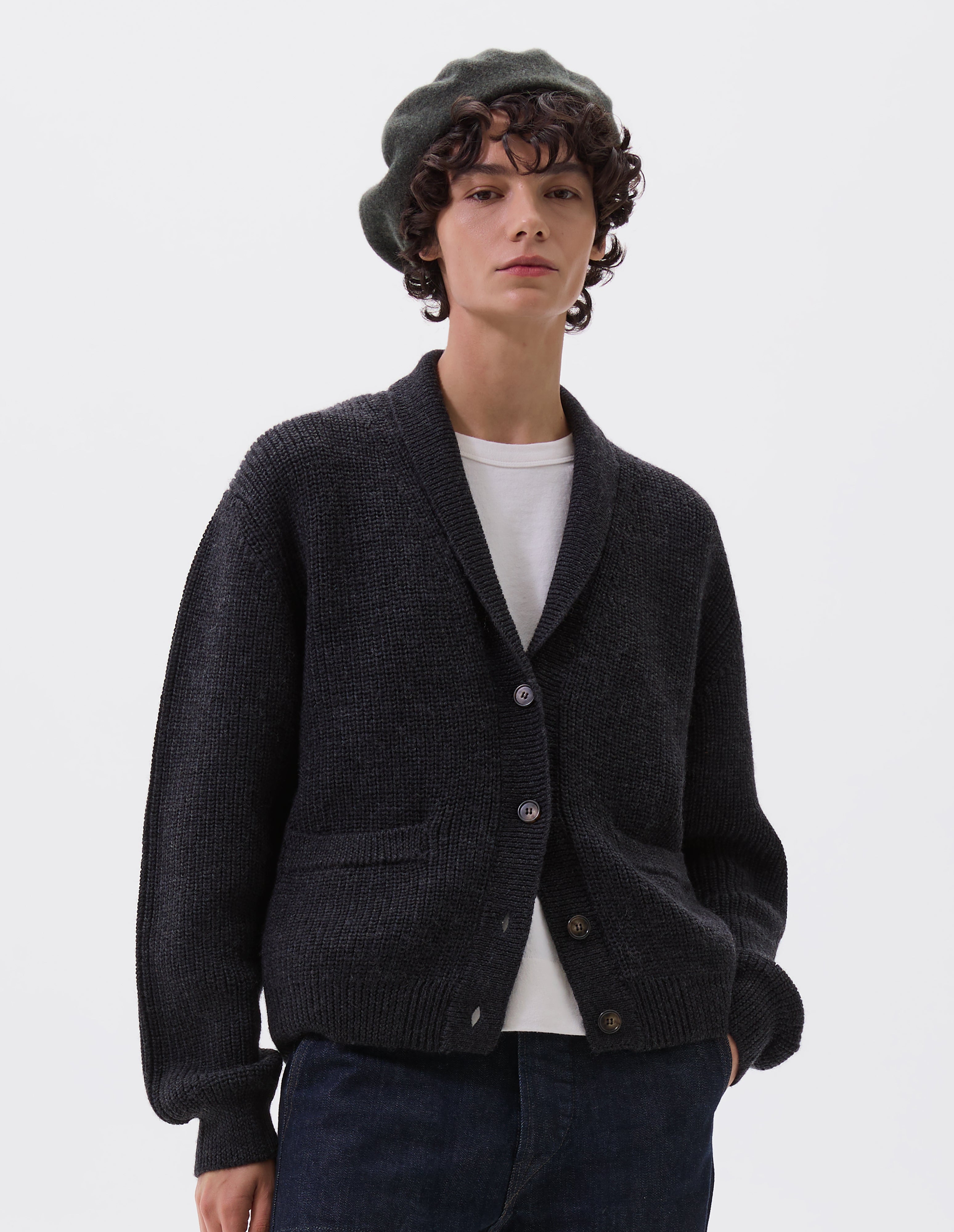 Charcoal merino Shawl Collar Cardigan | MHL. by Margaret Howell