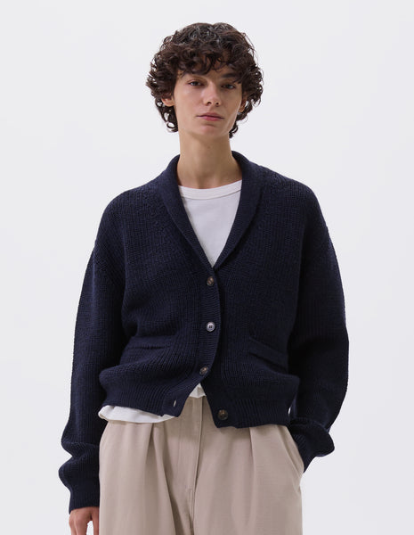 Dark navy merino Shawl Collar Cardigan | MHL. by Margaret Howell