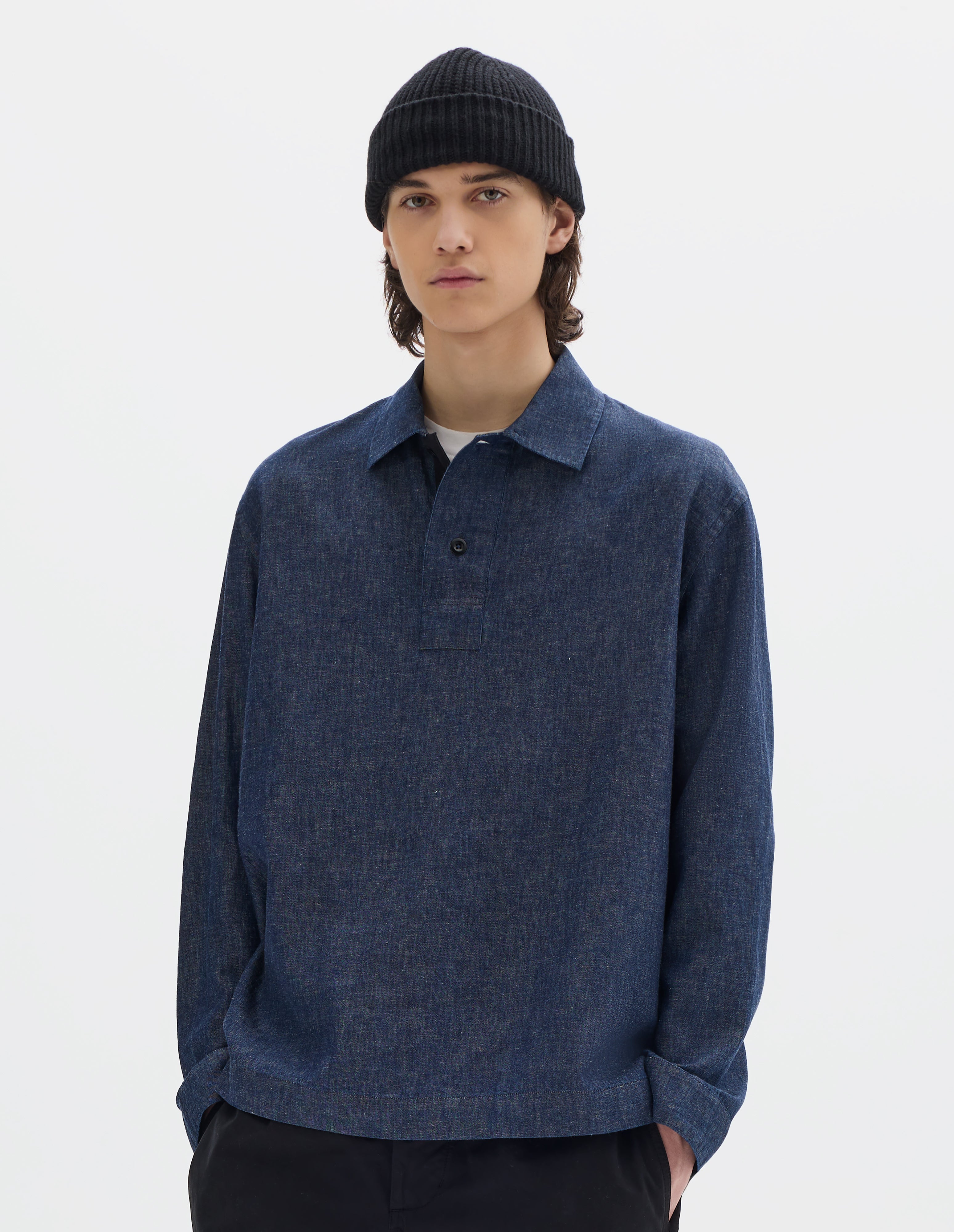 Indigo cotton linen Offset Placket Polo | MHL. by Margaret Howell