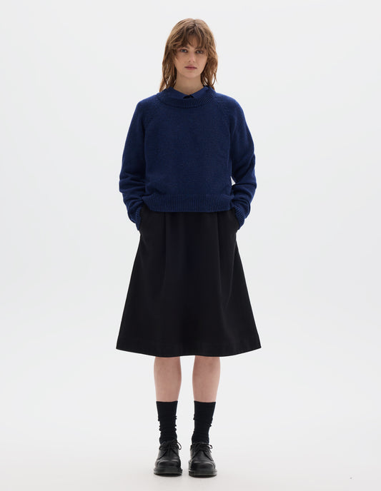 Full body image, front view of model wearing blue lambswool jumper, with crew neck, raglan sleeves, and ribbed neck, cuffs and hem. Styled with blue shirt, black skirt, black socks and black shoes.