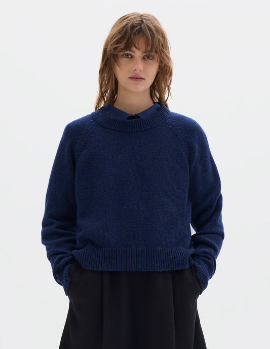 Cropped body image, front view of model wearing blue lambswool jumper, with  crew neck, raglan sleeves, and ribbed neck, cuffs and hem, front flat lay view. Styled with blue shirt and black skirt.