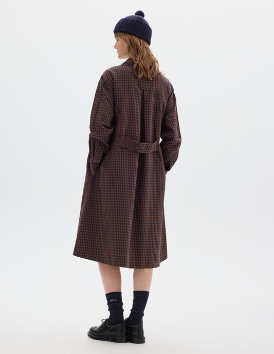 MHL. OFFSET PLACKET DRESS | IRREGULAR COTTON LINEN GINGHAM | CHESTNUT / INK
