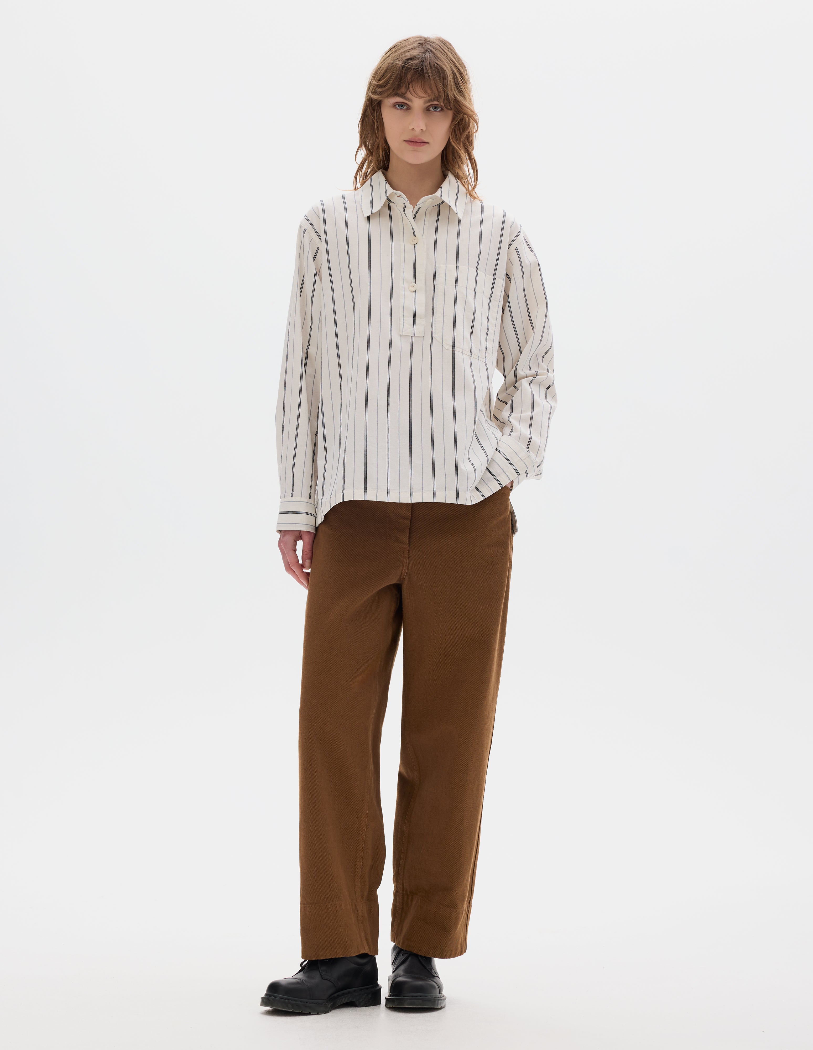 Off White navy stripe cotton Long Pull On Shirt | MHL. by Margaret