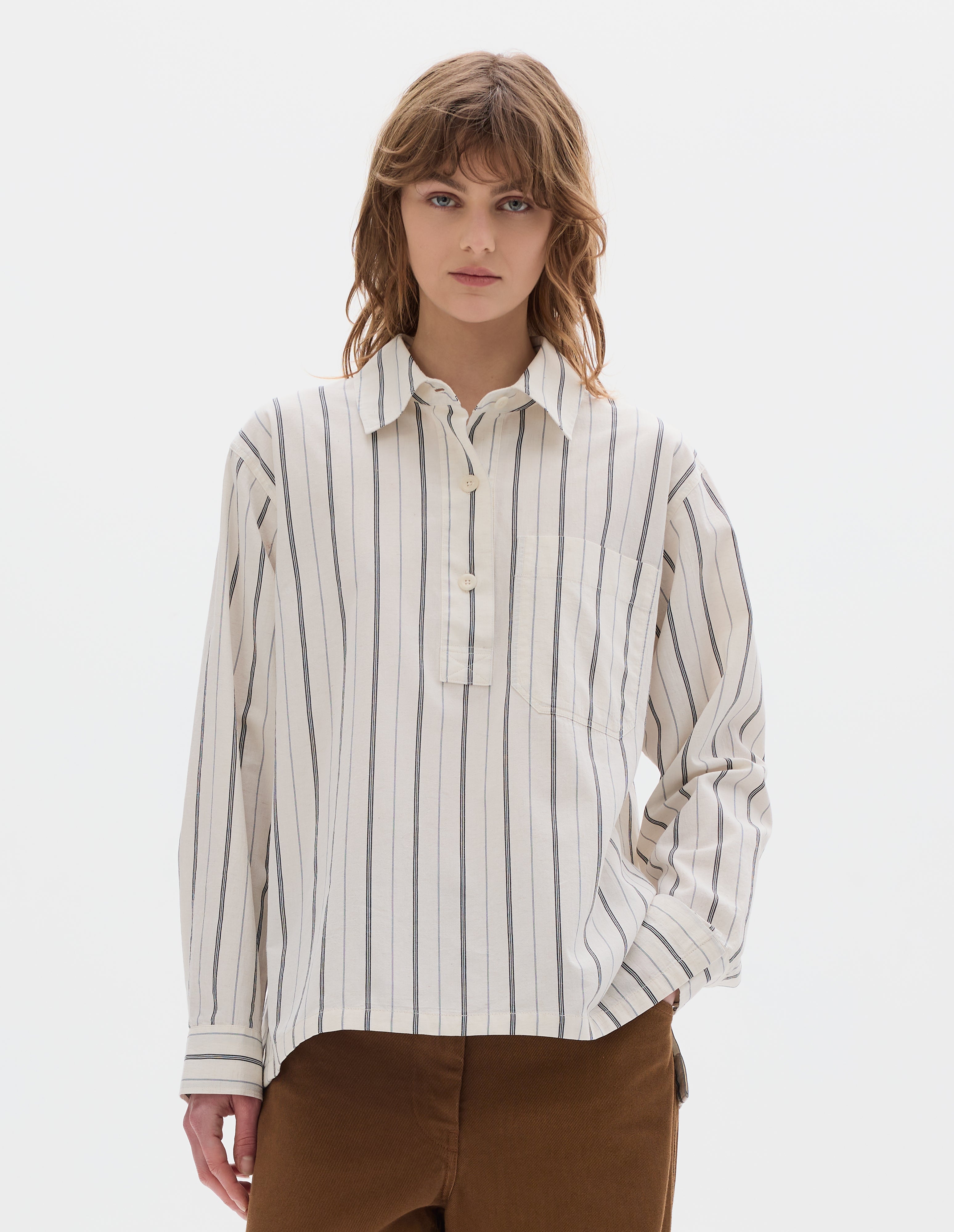 Off White navy stripe cotton Long Pull On Shirt | MHL. by Margaret