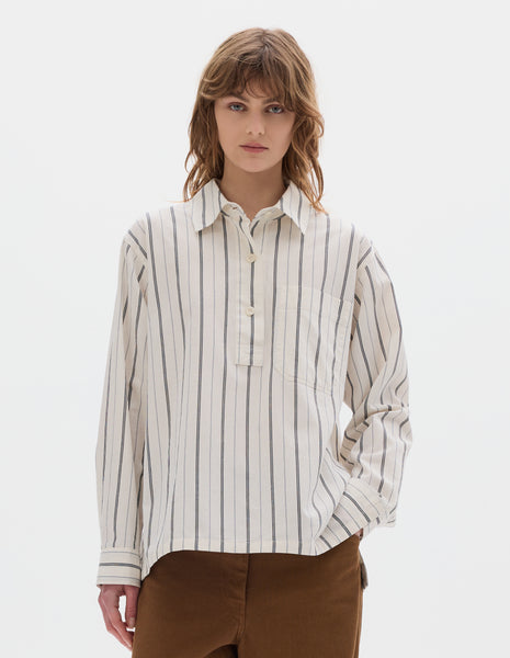 Off White navy stripe cotton Long Pull On Shirt | MHL. by Margaret