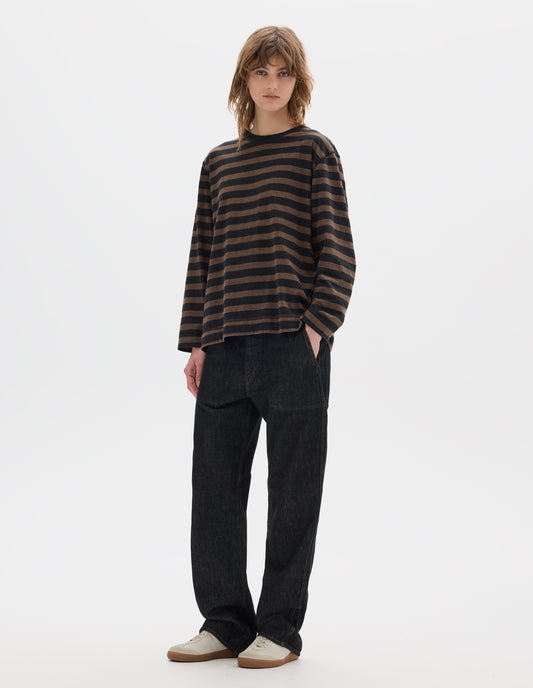 MHL. CREW NECK MATELOT | LIGHT COTTON MELANGE STRIPE | OFF BLACK / BARK