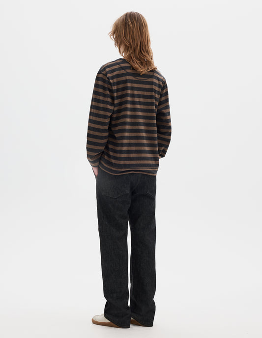 MHL. CREW NECK MATELOT | LIGHT COTTON MELANGE STRIPE | OFF BLACK / BARK