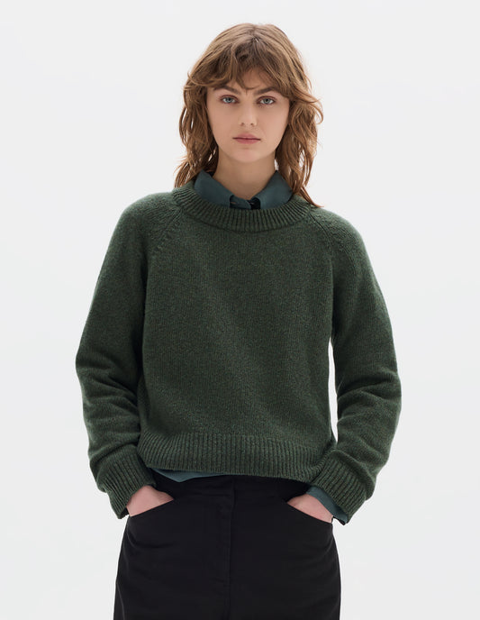 Cropped body image, front view of model wearing green knitted wool jumper with crew neck, raglan sleeves, and rib detailing on the neck, cuffs and hem. Styled over green cotton shirt, with black cotton trousers.