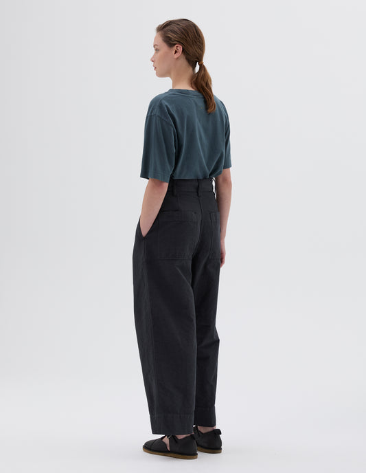 Full body image, back view of model wearing dark grey wide leg cropped trousers with side and back pockets and belt loops, styled with blue t-shirt and black leather sandals.