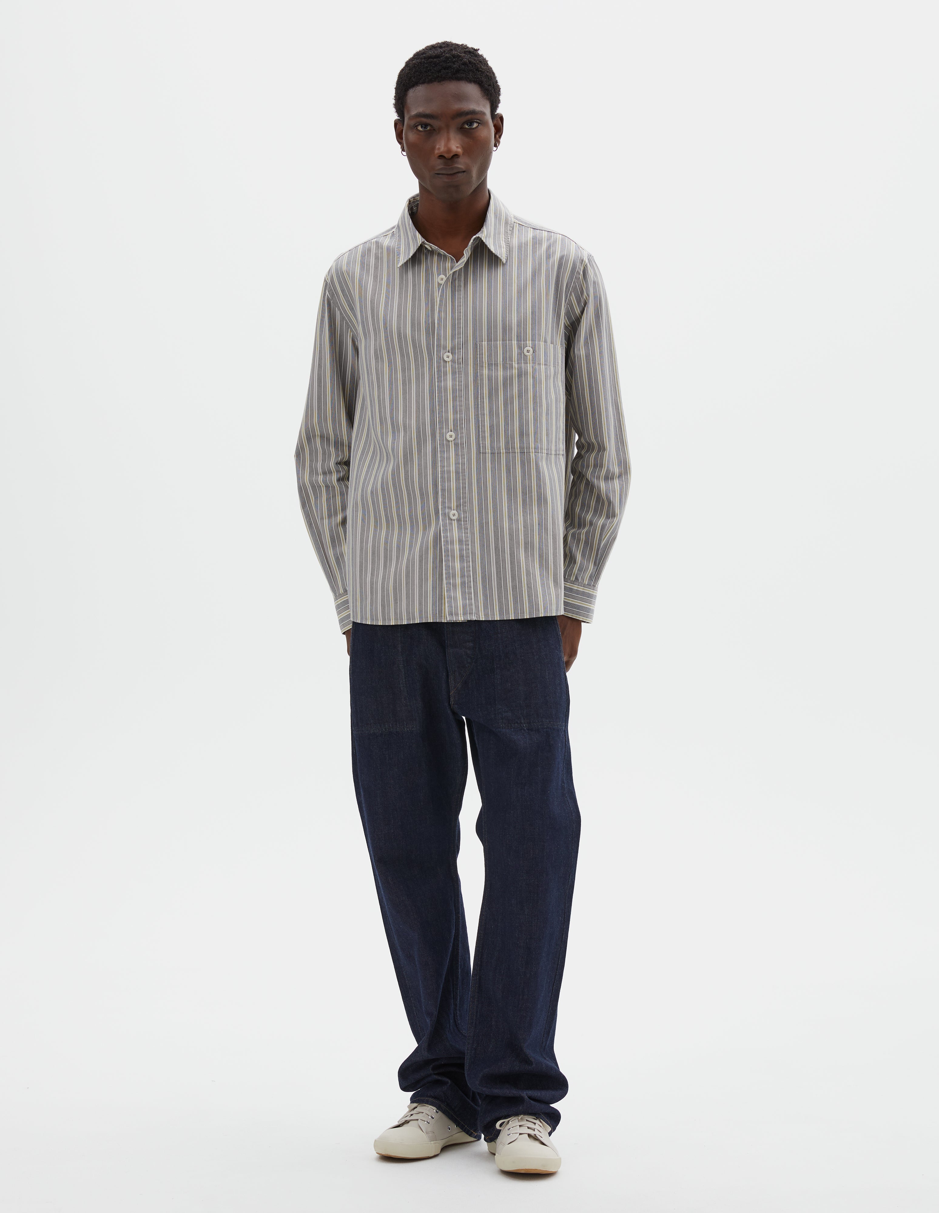 White and grey stripe cotton Overall Shirt | MHL. by Margaret Howell