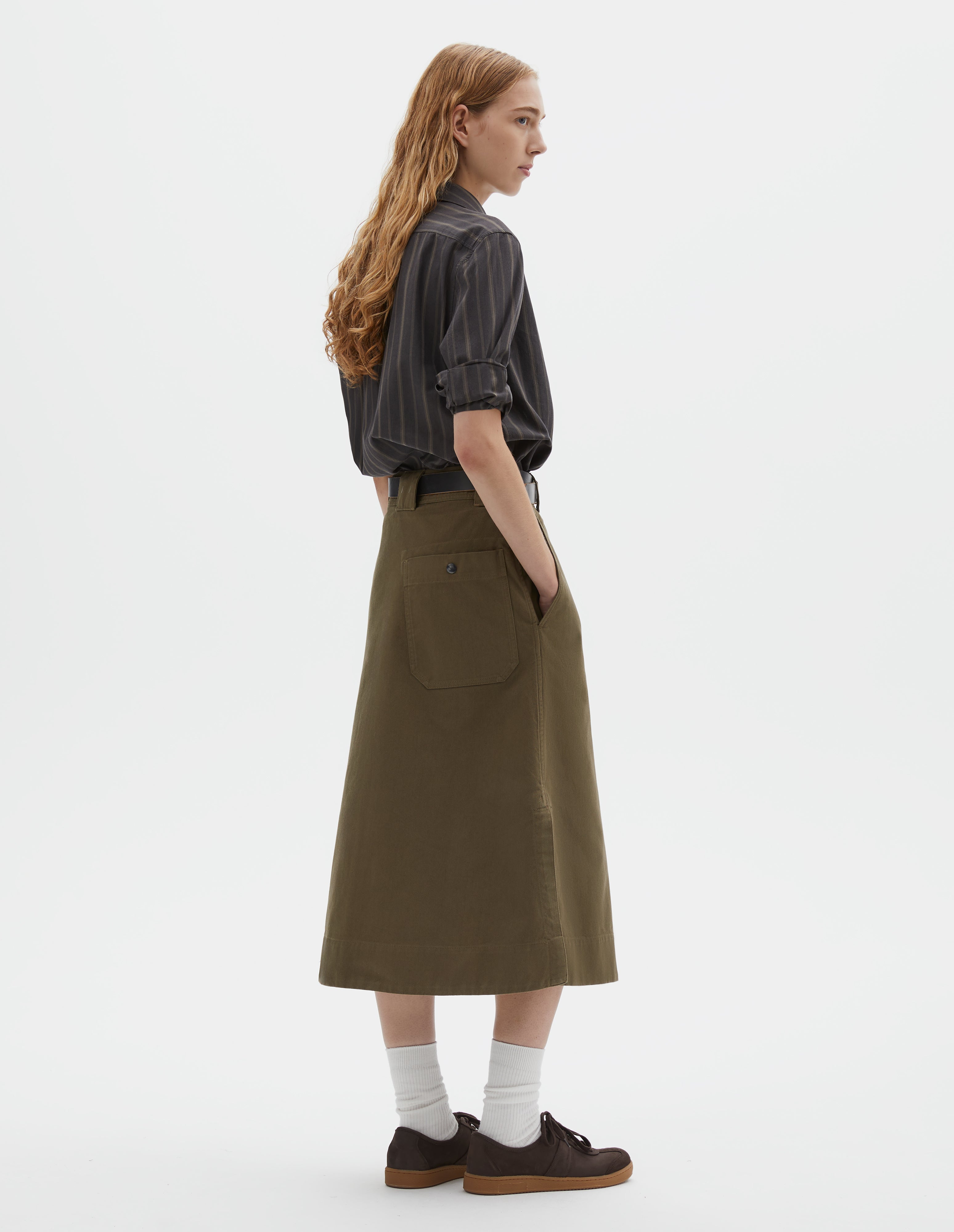 Khaki green cotton drill Side Vent Skirt | MHL. by Margaret Howell
