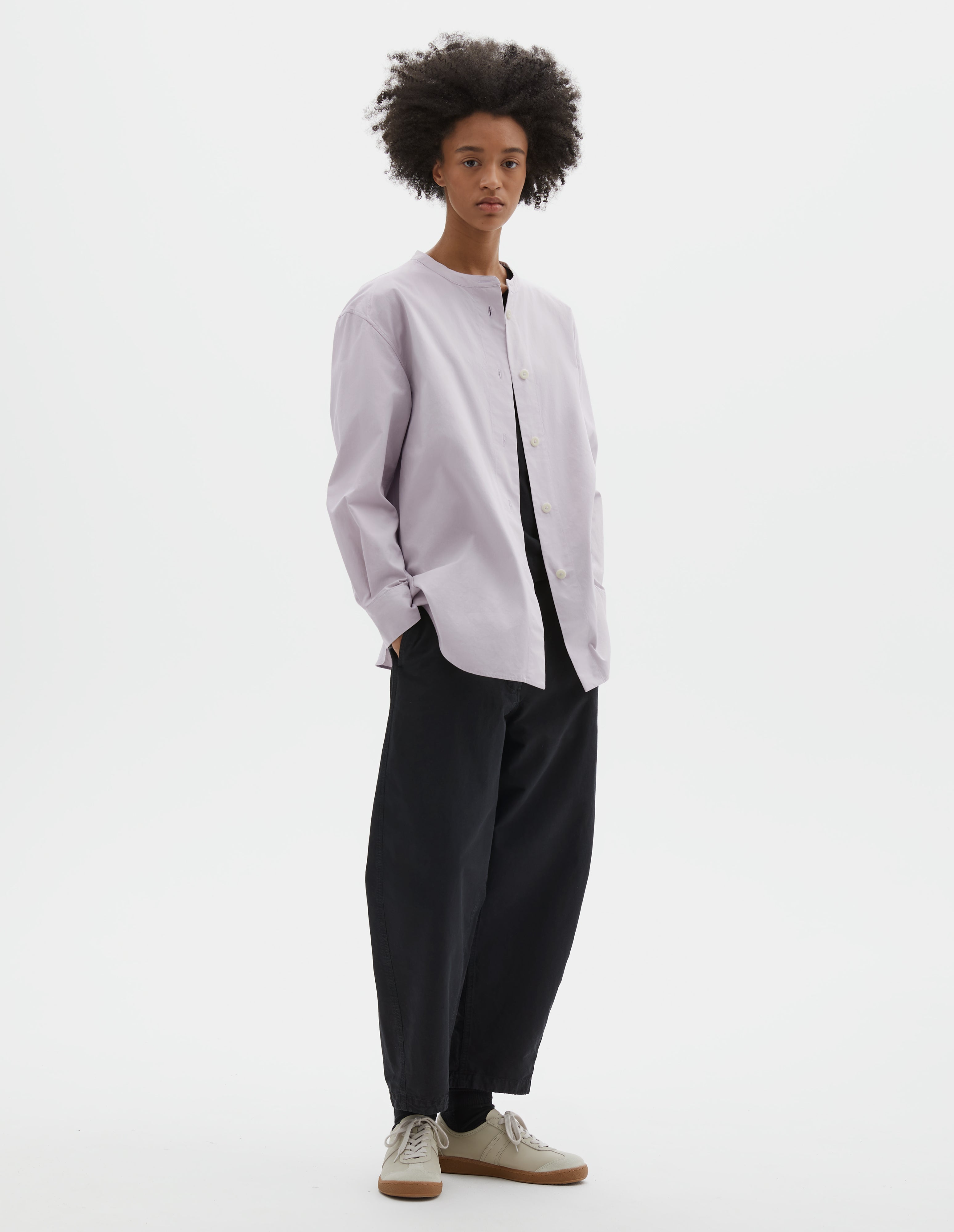 Pebble cotton canvas Long Collarless Shirt | MHL. by Margaret Howell