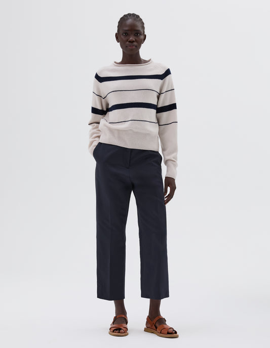 STRIPED ROLL EDGE JUMPER | CASHMERE COTTON | MOTHER OF PEARL / INK