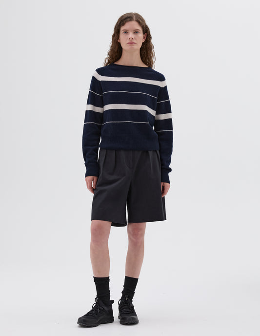 STRIPED ROLL EDGE JUMPER | CASHMERE COTTON | INK / MOTHER OF PEARL