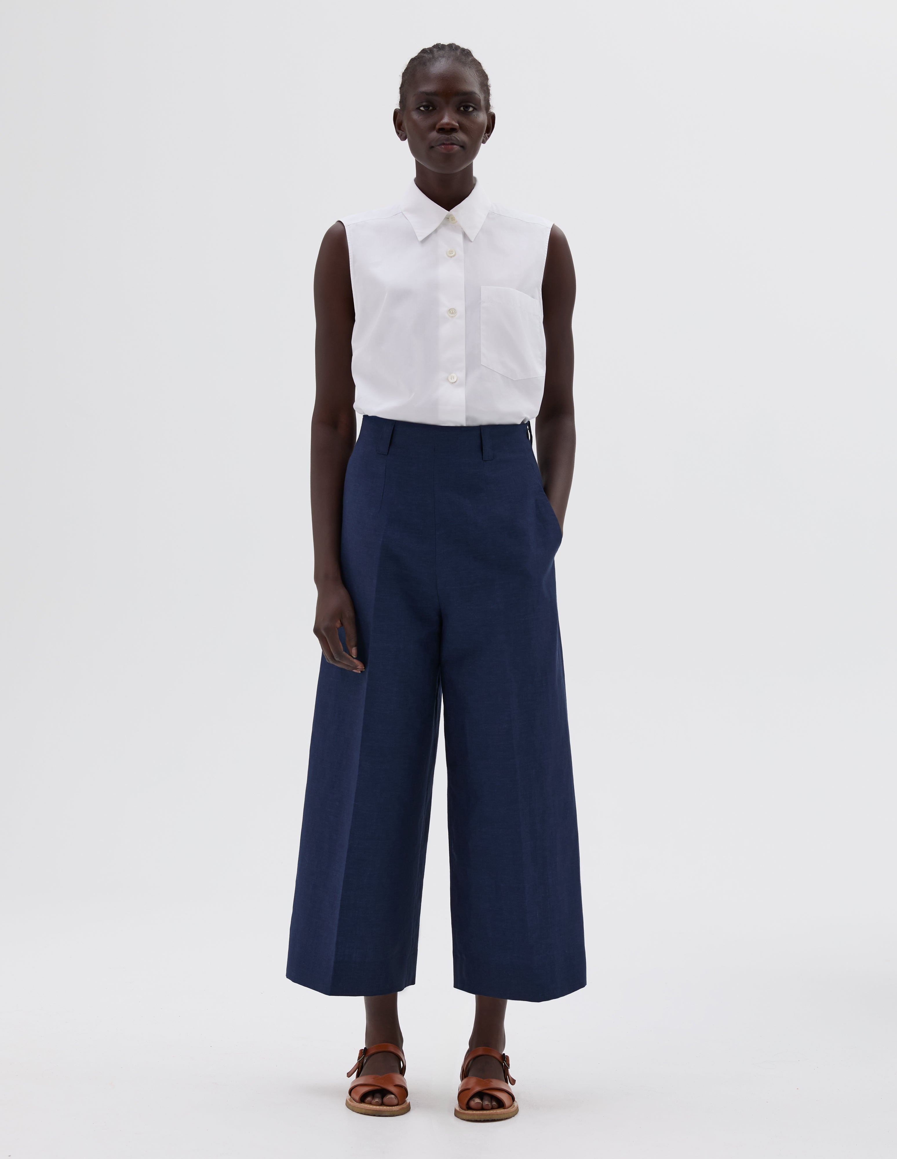 Deep blue yarn dyed wool linen Flat Front Culottes | Margaret Howell