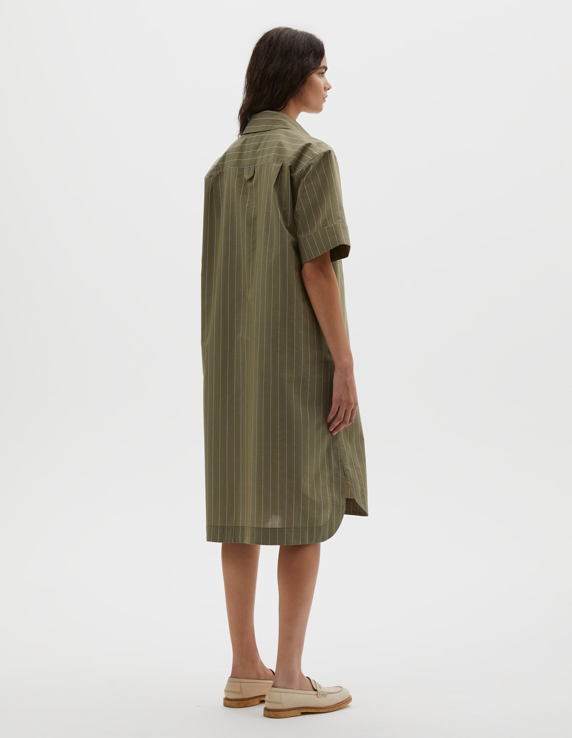 Full body image, back view of model wearing green with light blue pin stripe cotton silk shirt dress, with concealed side pockets and hanger loop detail on back. Styled with beige shoes.