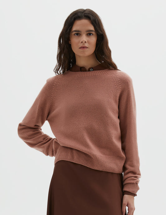 Cropped body image, front view of model wearing pink long sleeve merino cashmere jumper, with raglan sleeve and contrasting rib on neck, cuffs and hem. Styled over a brown shirt and matching brown skirt.