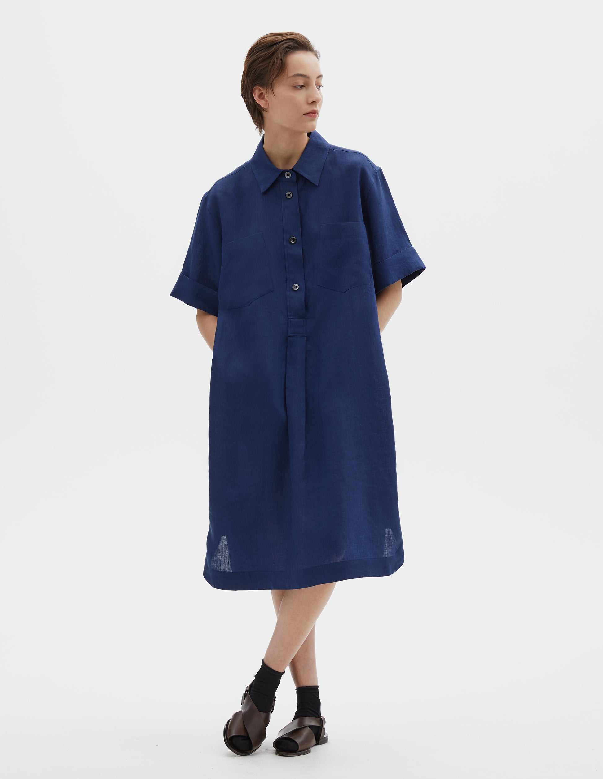 Deep blue shirting linen Short Sleeve Shirt Dress | Margaret Howell Deep blue shirting linen Short Sleeve Shirt Dress | Margaret Howell