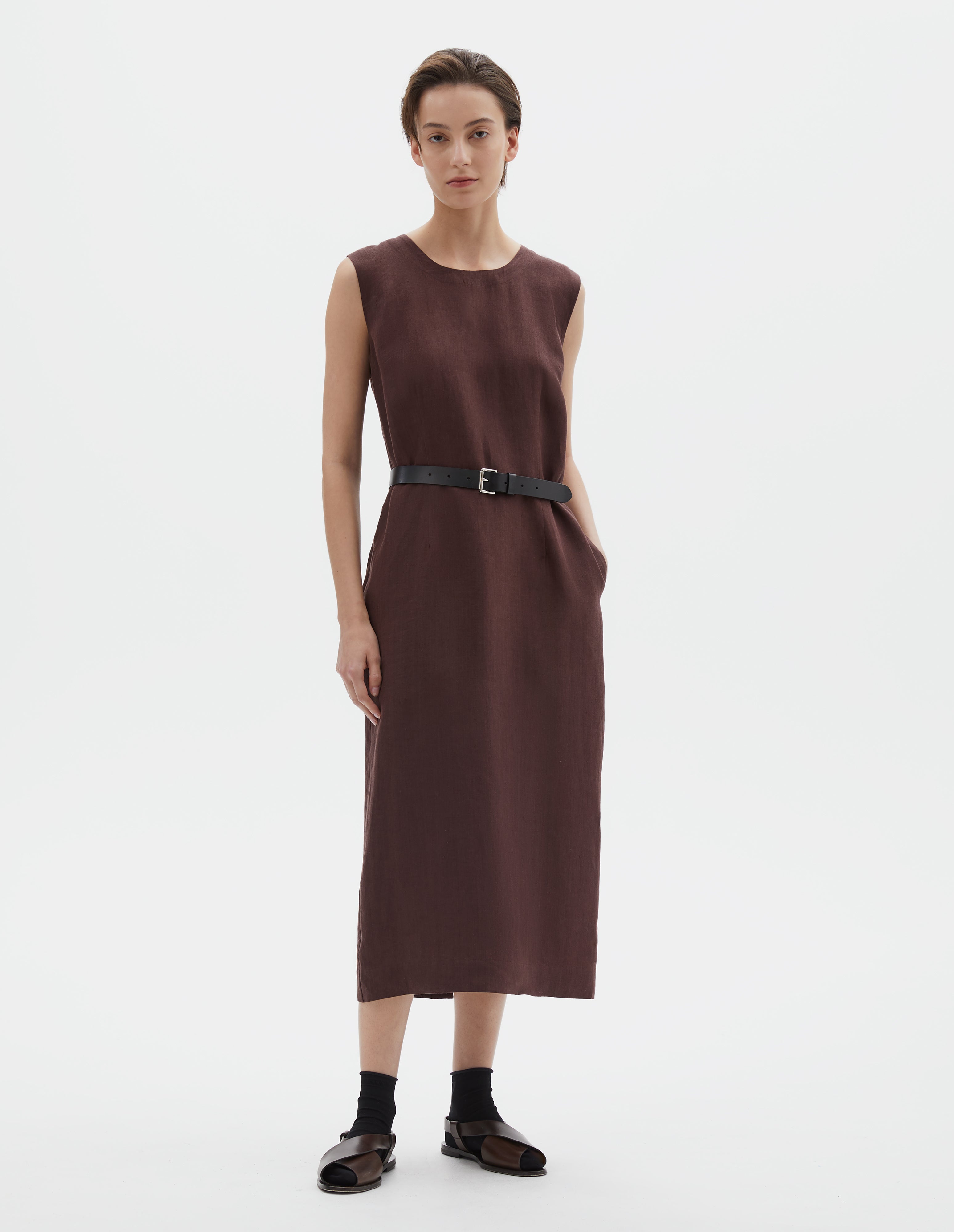 Mahogany soft linen poplin Back Button Dress | Margaret Howell