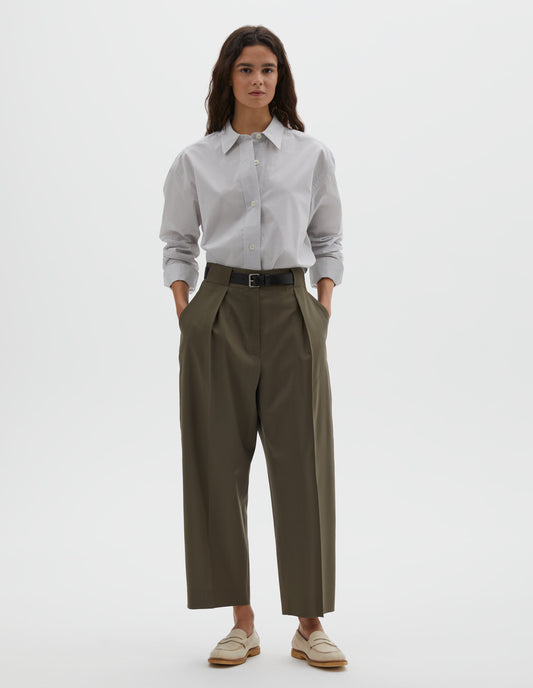 Full body image, front view of model wearing brown wool trousers, single pleats and grown-on waistband with large belt loops and horn button. Styled with grey shirt , dark brown belt and beige shoes.