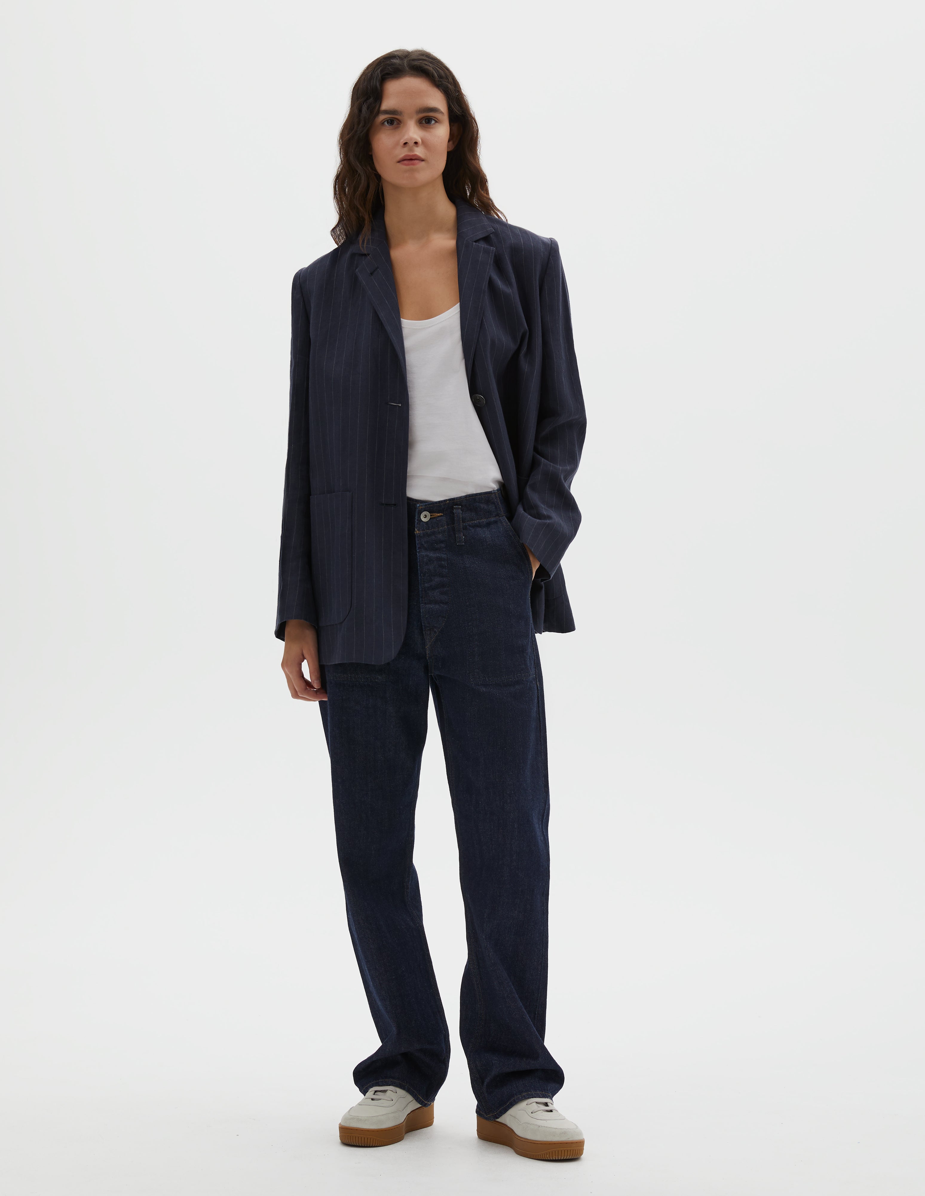 Navy and grey pinstripe linen Relaxed Blazer | Margaret Howell