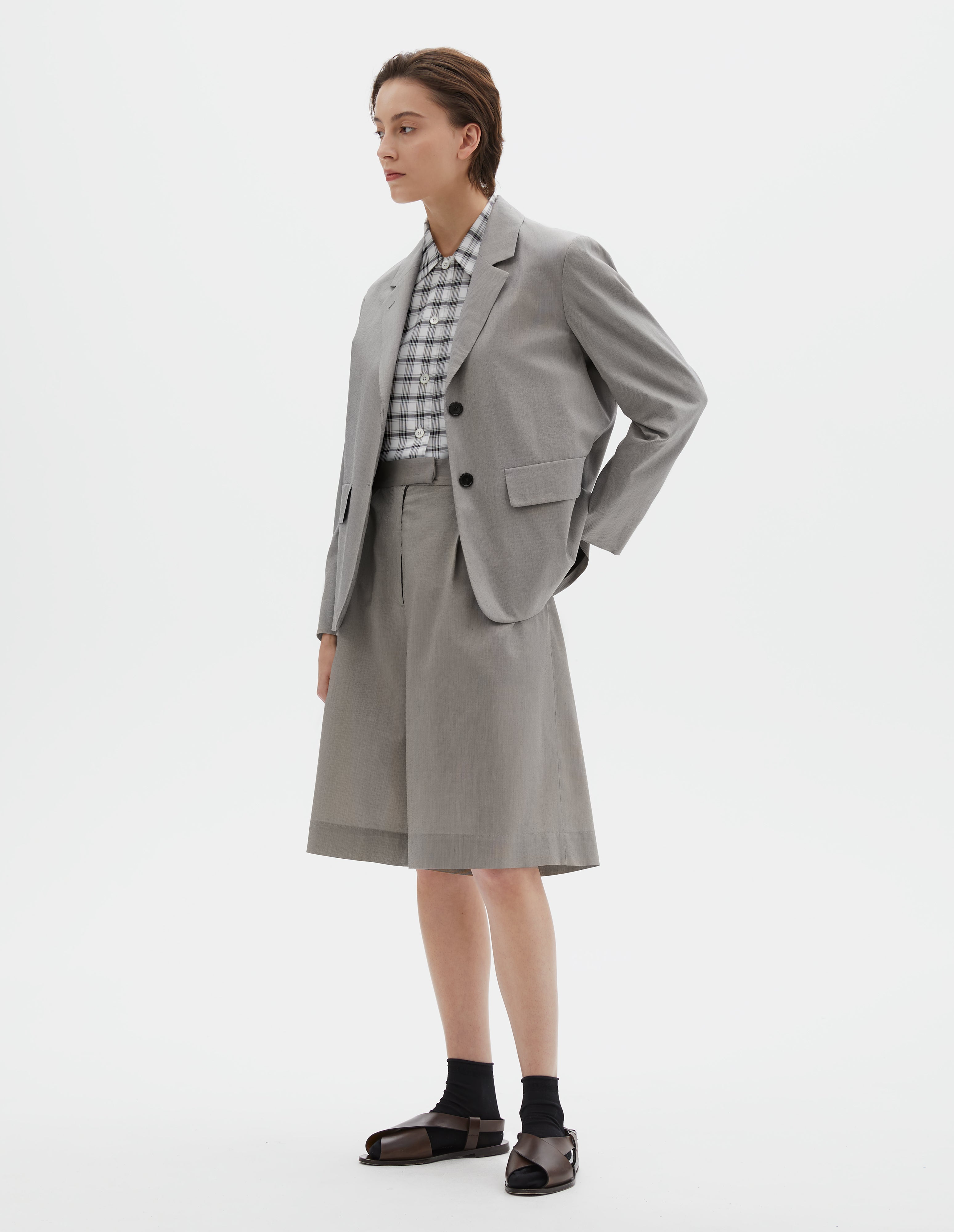 Black ecru fine stripe cotton silk Flap Pocket Blazer| Margaret Howell