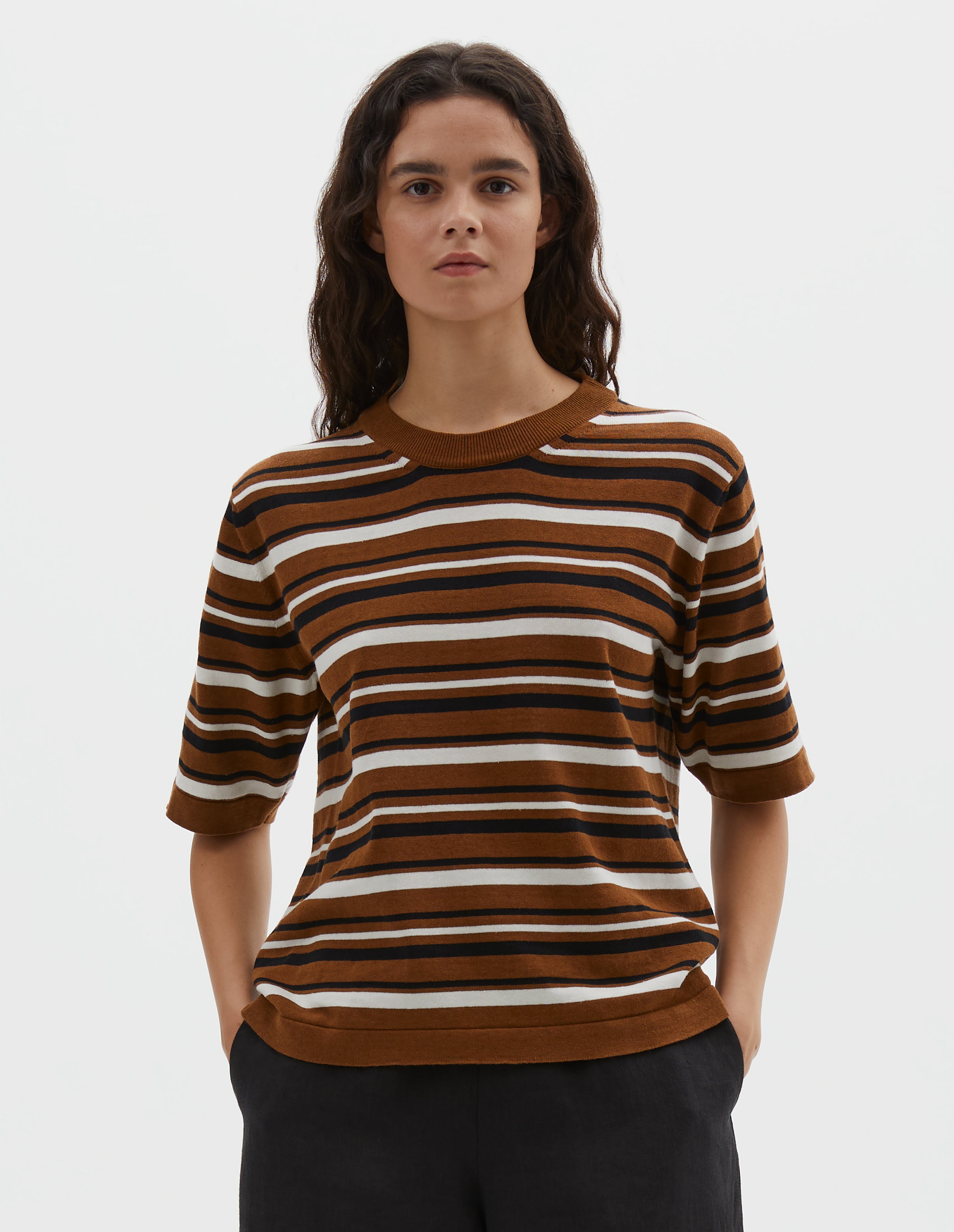 Brown black off white cotton Striped Knitted T Shirt | Margaret Howell