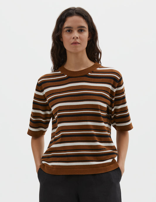 STRIPED KNITTED T SHIRT | COTTON LINEN | BROWN / BLACK / OFF WHITE