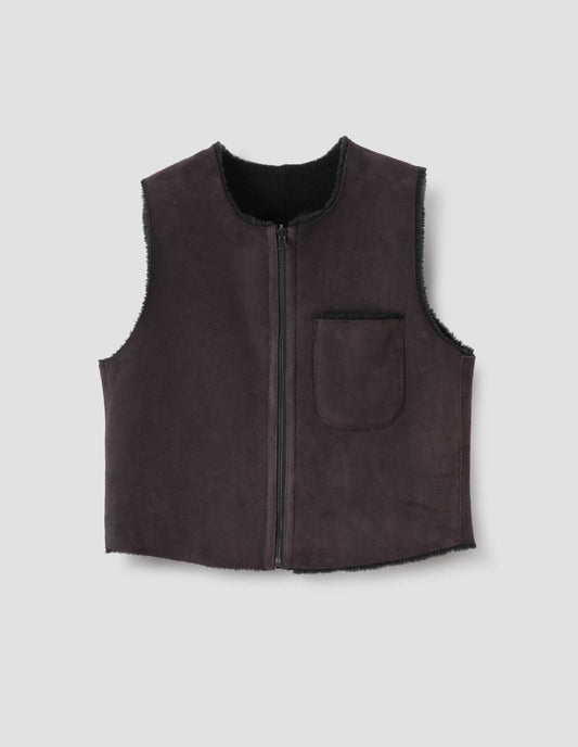 Brown and black reversible sleeveless gilet with patch pocket, zip closure and raw edge finish on neck, armhole and hem. Front flat lay view.