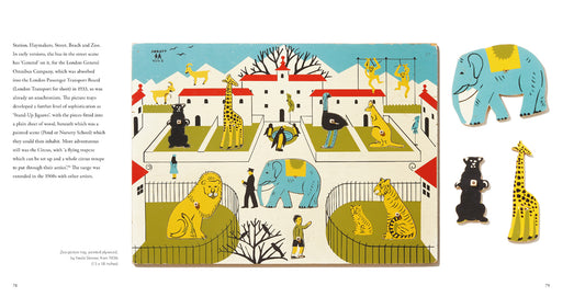 A double page spread showcasing the beautifully illustrated plywood Zoo picture tray with animals.