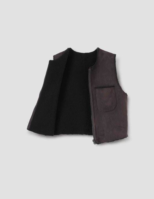Brown and black reversible sleeveless gilet with patch pocket, zip closure and raw edge finish on neck, armhole and hem. Front open flat lay view.