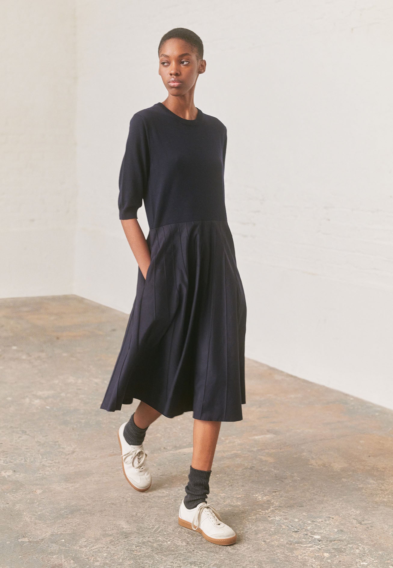 French Navy light cotton silk Knitted Top Dress | Margaret Howell